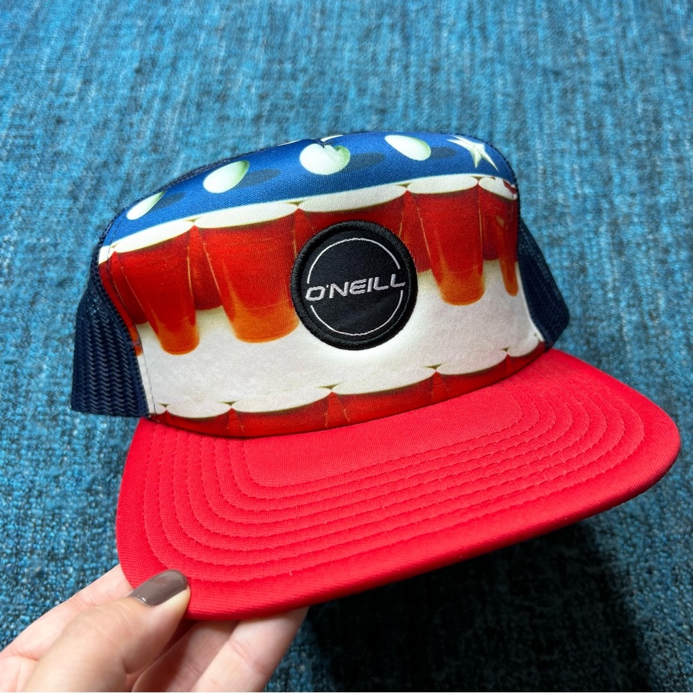 O'Neill Beer Pong Solo Cup Snap Back Trucker Hat in Red Blue